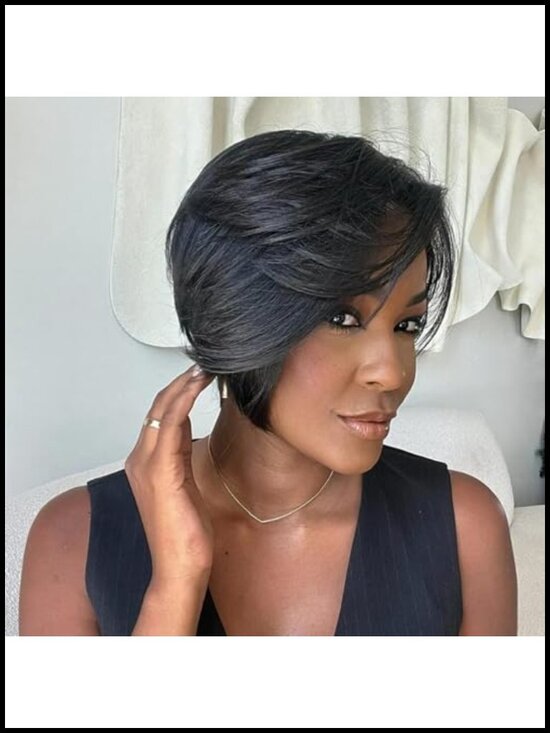 8 Inch Pixie Cut Human Hair Wig for Black Women, Straight Layered, Glueless,